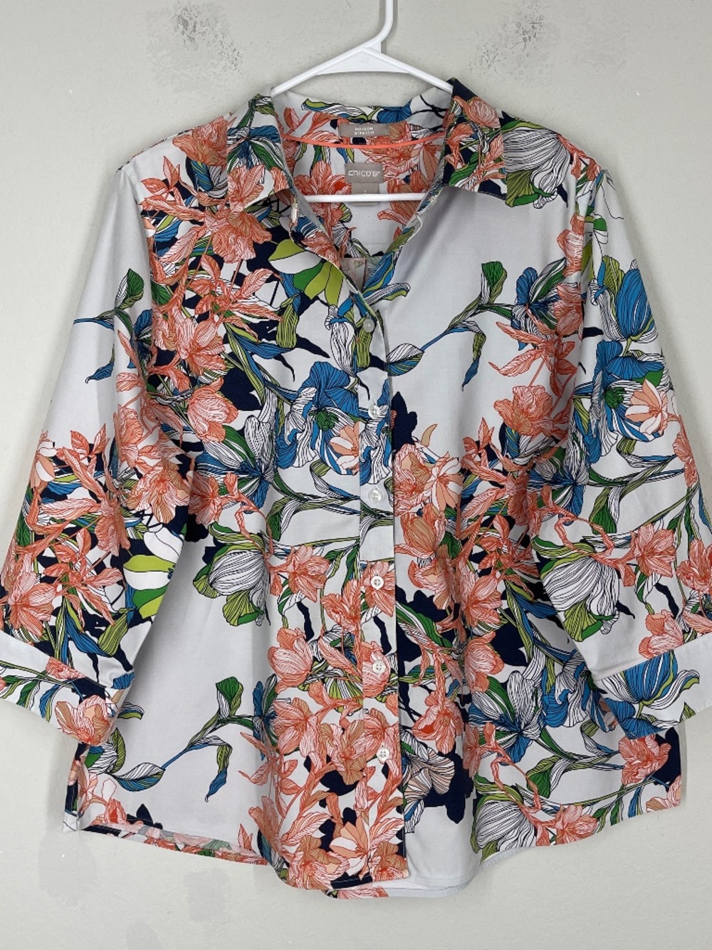 Chico's No Iron Stretch Blouse Women's 3 US 16/18 Floral Button Up 3/4 Sleeves